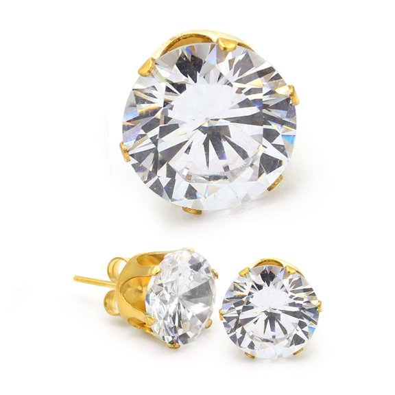 BEBERLINI Men Stud Earrings CZ 14K Gold Plated Stainless Steel Jewelry Round 10 mm