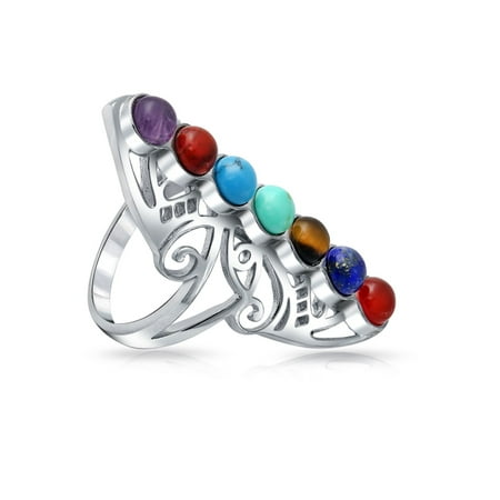 Gemstone Multi Colored Ring (Chakras Spiritual Full Finger Armor Style Filigree 7 Stone 925 Sterling Silver Multi Colored Gemstone Aligned)