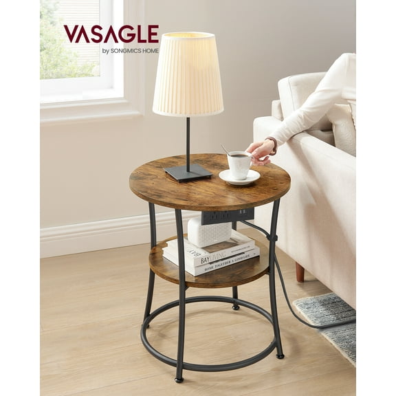 2-Tier Round Side Table with Built-in Power Outlets, Sturdy Steel Frame End Table for Compact Spaces, Rustic Brown and Ink Black