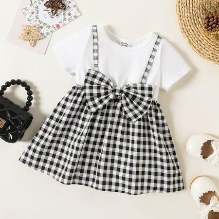 

PatPat Infant Baby Girl Cotton Short Sleeve Plaid Bow Front Dress Knee Length Toddler Girls Strapy Sling Midi Dress 3-24Month
