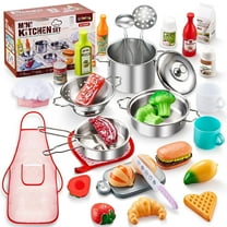 37PCS Pretend Play Kitchen Accessories, Kids Kitchen Playset Stainless Steel Play Pots and Pans Sets for Kids, Apron & Chef Hat, Cooking Utensils, Play Food, Kitchen Toys, Gift for Boys Girls
