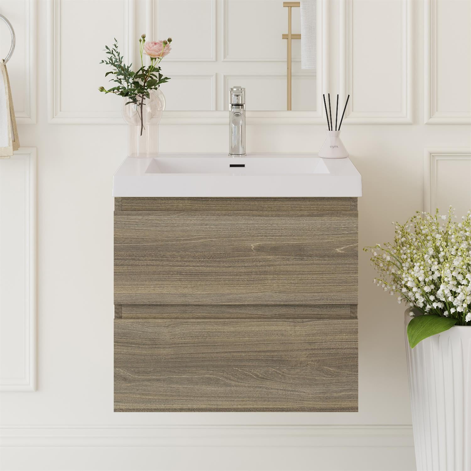 Demi Bonn 24" Floating Bathroom Vanity with Sink, Resin Top Basin and 2 Soft Close Drawers, Faucets and Drains Not Included, Gray