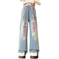 thumbnail image 4 of EnJoCho Girls Ripped Jeans Kids 𝖸𝟤𝖪 Baggy Wide Leg Denim Pants Pockets Teen Elastic Waist Vintag𝖾 Jeans 5-16 Years Streetwear Distressed Trousers, 4 of 6