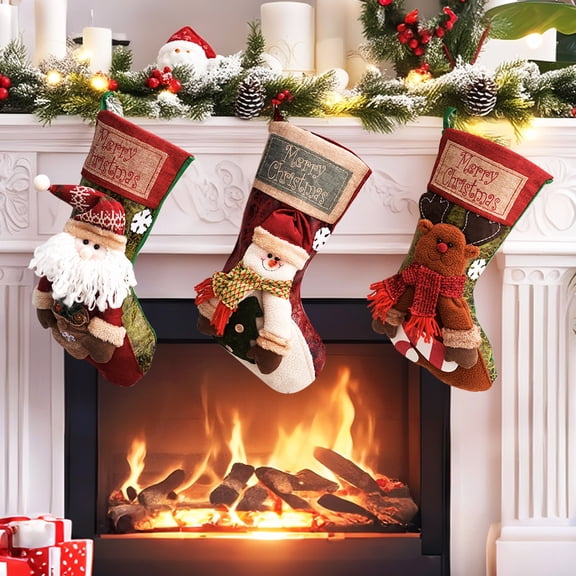 Lumikrypt 3 Pcs Christmas Stockings, 17 Inch Large Classic Personalized Stockings for Fireplace Xmas Decoration, Santa, Snowman, Reindeer Stockings for Holiday Christmas Party