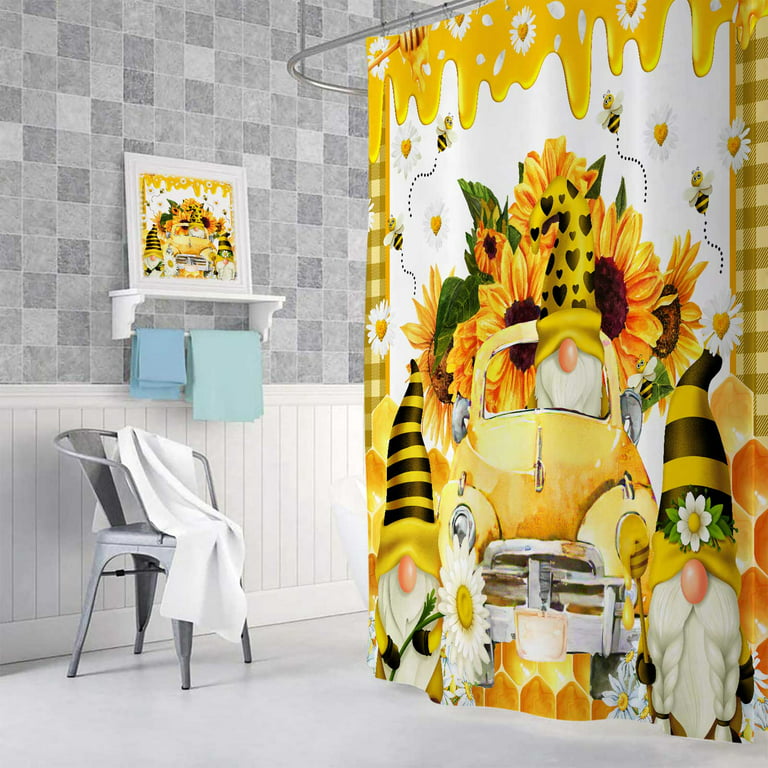 Funny Word Gnome Bee Flower Shower Curtain Set Rustic Board for Bathroom  Decor