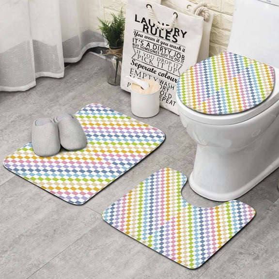 Colorful Checkerboard Pattern Bathroom Rugs Sets 3 Piece,Toilet Cover Set,Absorbent Non Slip Bathroom Mats Sets with U-Shaped Contour Rug Toilet Rug Set