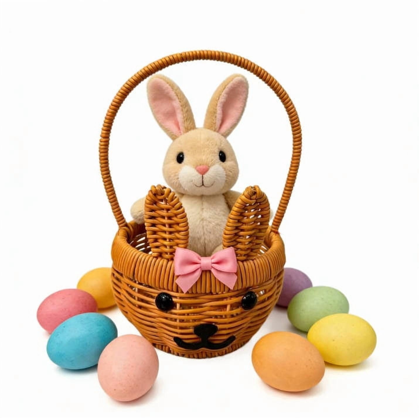 WWG Easter Handmade Woven Rabbit Basket, Natural Rattan Shopping and Picnic Basket with Handles for Bath Toys Outdoor Gatherings