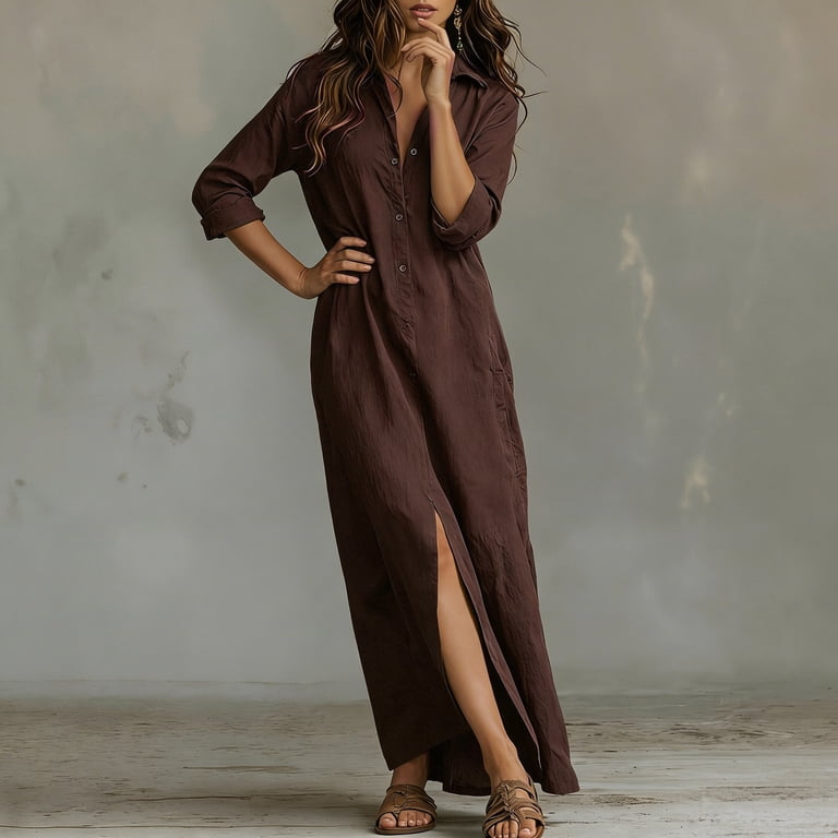 boho jane dress Wardrobe Women's Shirt Dress, Button Front Long Sleeve Maxi for Summer Beach & Daily Casual Wear with Pockets, 1PC, S-XXXL #DressElegant #DreesBoho #MiniDress #BohoStyle #SummerVibes #EffortlessChic #LooksElegant #BohoVibes #ChicStyle