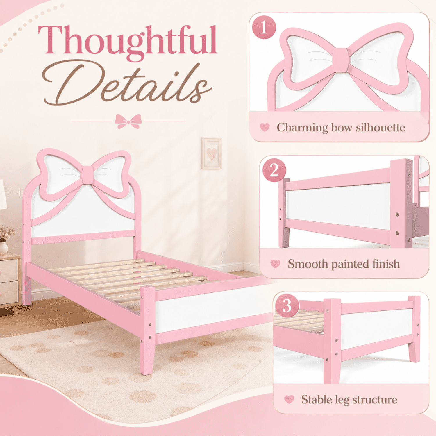 Miniyam Twin Size Kids Platform Bed with Bow-Shaped Headboard, Wood Bed Frame, Pink