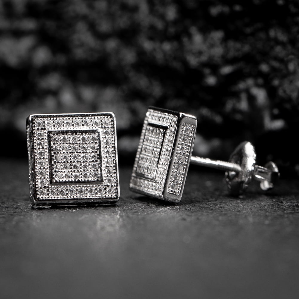 Men’s Micro Pave 3D Iced 5A Cz Halo Square White Gold 925 Sterling Silver Screw Back Post Hip Hop Stud Earrings