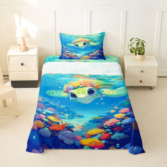 jejeloiu Cute Cartoon Sea Turtle Twin Sheets,Floral Ocean Bedding For Boys,Blue Green,3-Piece,1 Fitted Sheet and 1 Pillowcase
