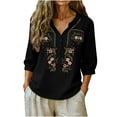 thumbnail image 2 of CLOISE Womens Blouses 3/4 Sleeve Plus Size Embroidery T Shirts Loose Floral V Neck Pullover Cotton Linen Casual Fall Tops Black 3XL, 2 of 6