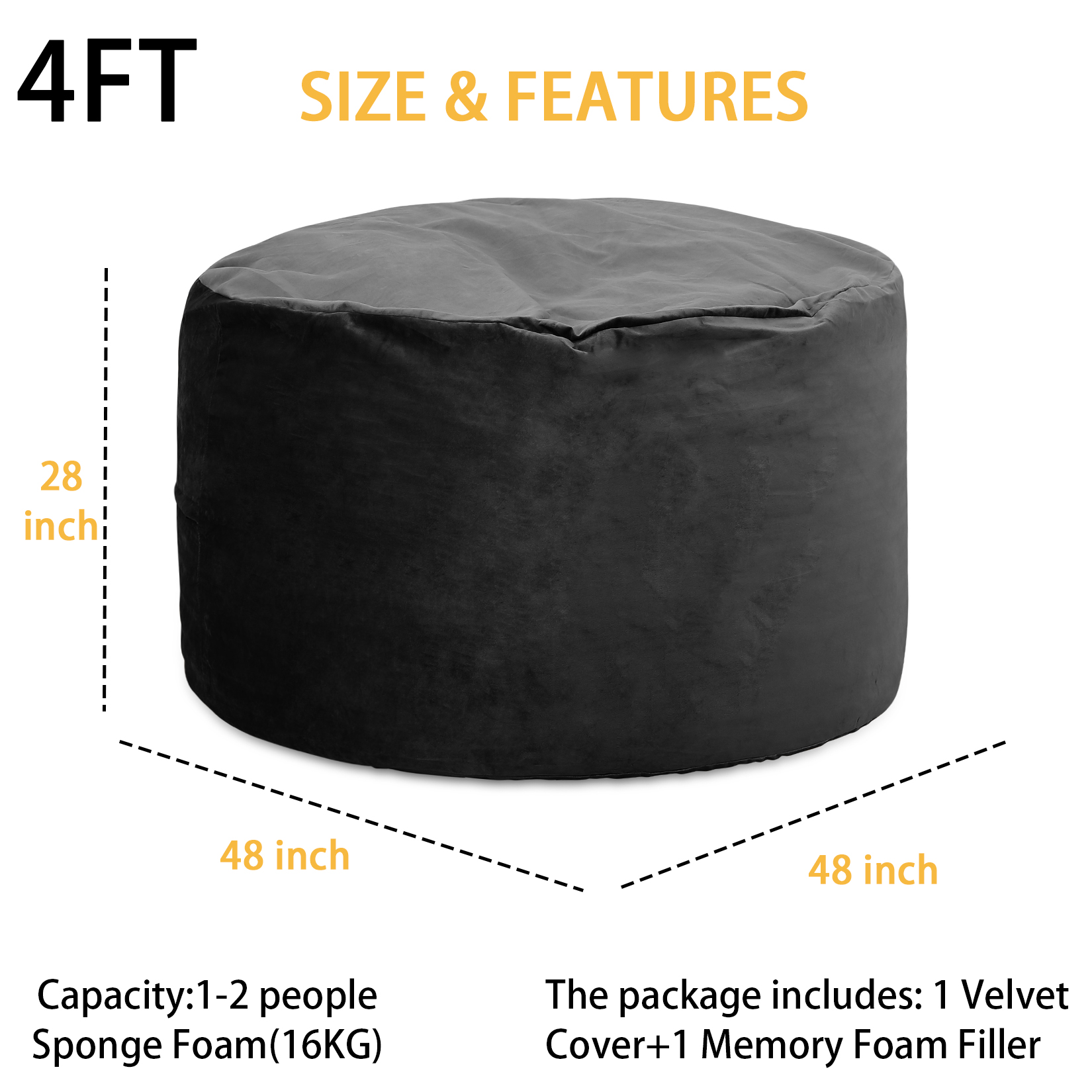 4FT Large Bean Bag Chair, Giant Bean Bag Chair with Filling, Round Bean Bag Sofa for Adults Teens, Big Sofa Bean Bag Chairs Soft Velvet Beanbag for Bedroom Living Room