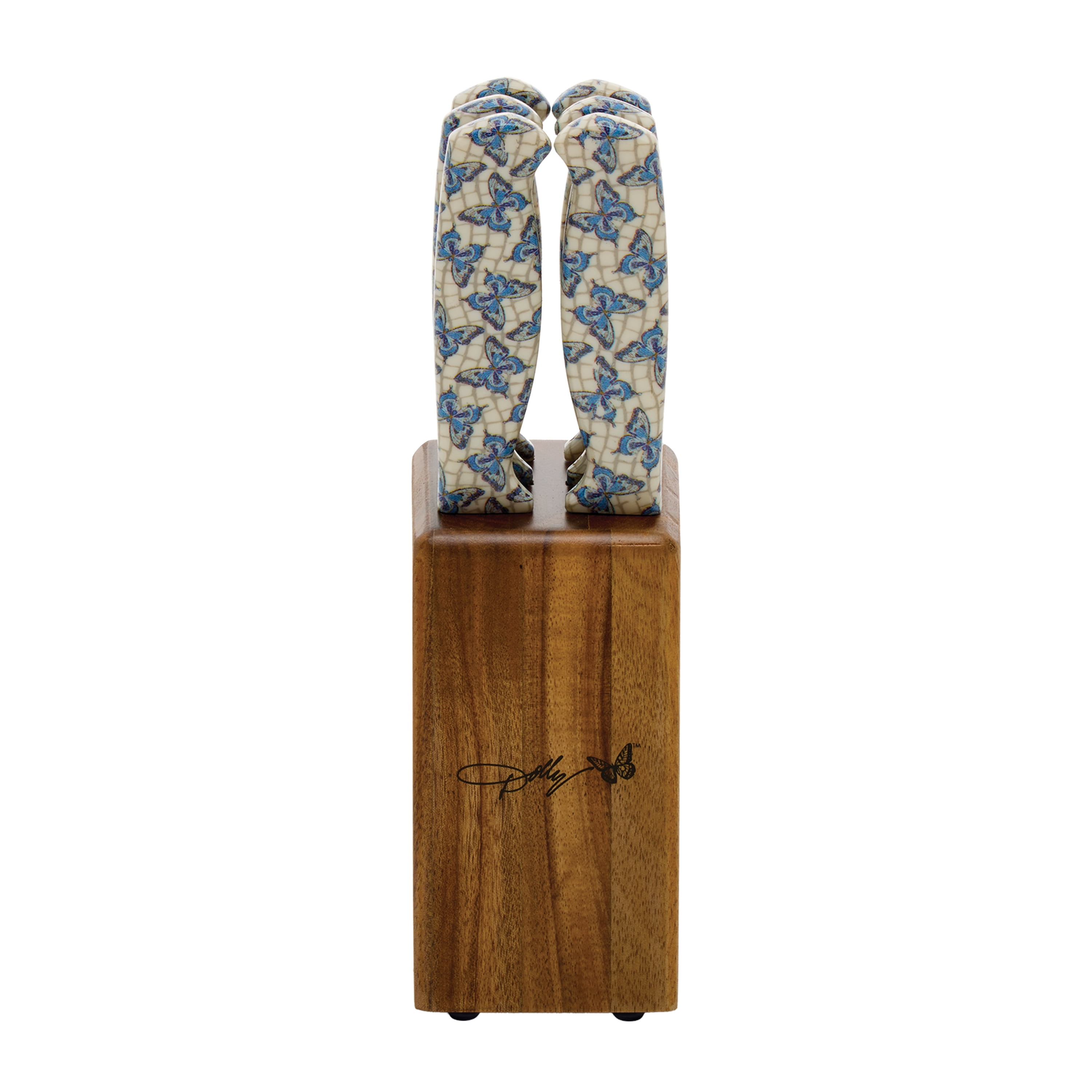 Dolly Parton 7-Piece Steak Knife Set with Blue Handles and Acacia Block for Storage