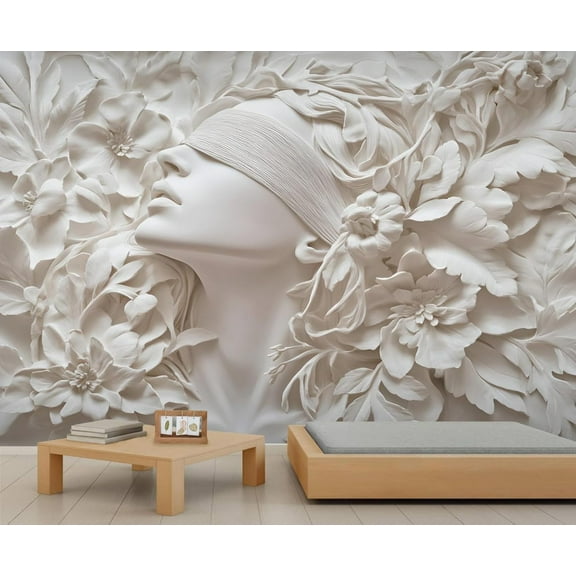 Woman Statue Wall Mural, Stereo Relief Flower 3D Wallpaper Mural, Nordic Modern Luxury Art Wall Murals Wallpaper For Woman Bedroom Bedside Living Room 55"W x 28"H (Not Peel and Stick)