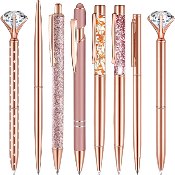 8 Pack Rose Gold Pens for Women, Metal Liquid Sand Glitter Pens, Fine Point Black Ink Ballpoint Pens for Wedding, Bridal Shower, Office & Journaling