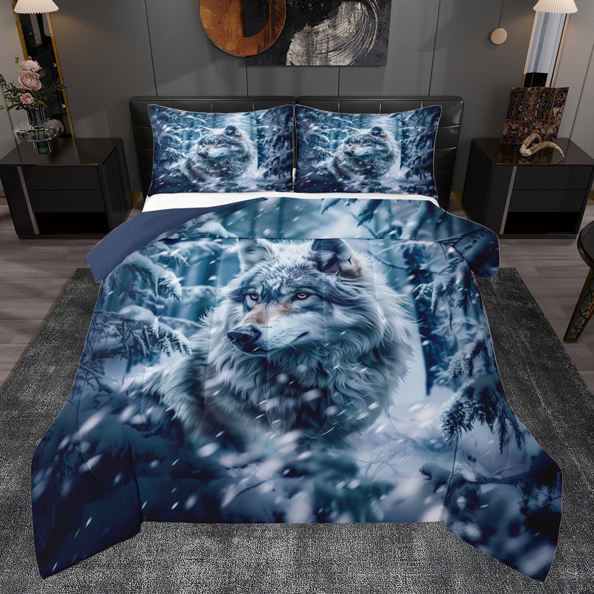 Castle Fairy Kids Teens Adults Wildlife Wolf Full Size Comforter Sets 3-Piece Winter Woodland Bedding Comforter Set Jungle Animal Lightweight Bedding Sets Microfiber Bedroom Decor Reversible