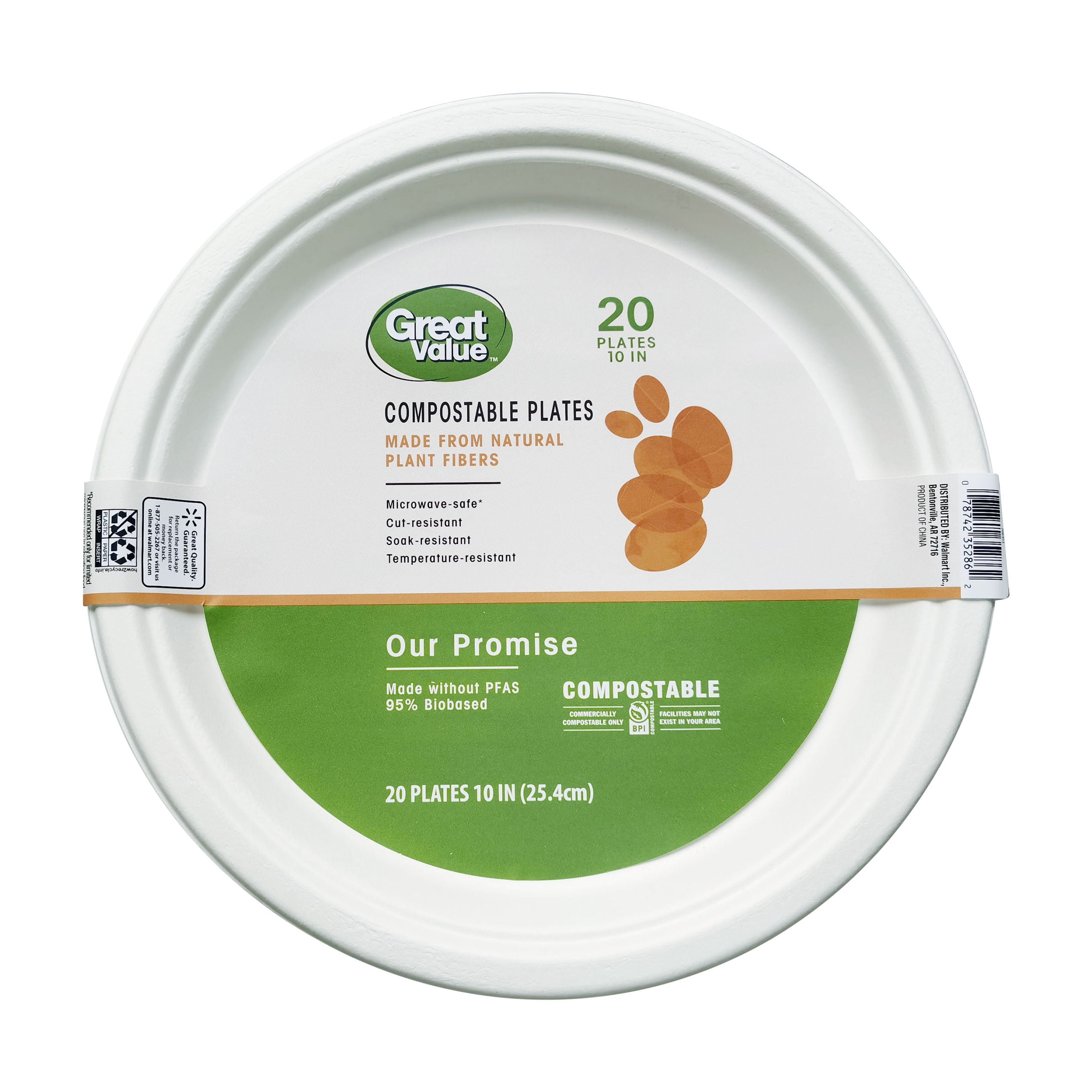 Great Value Disposable Paper Plates, Compostable, Microwave Safe, Cut Resistant, Soak Resistant, Temperature Resistant, 10 in, 20 Count