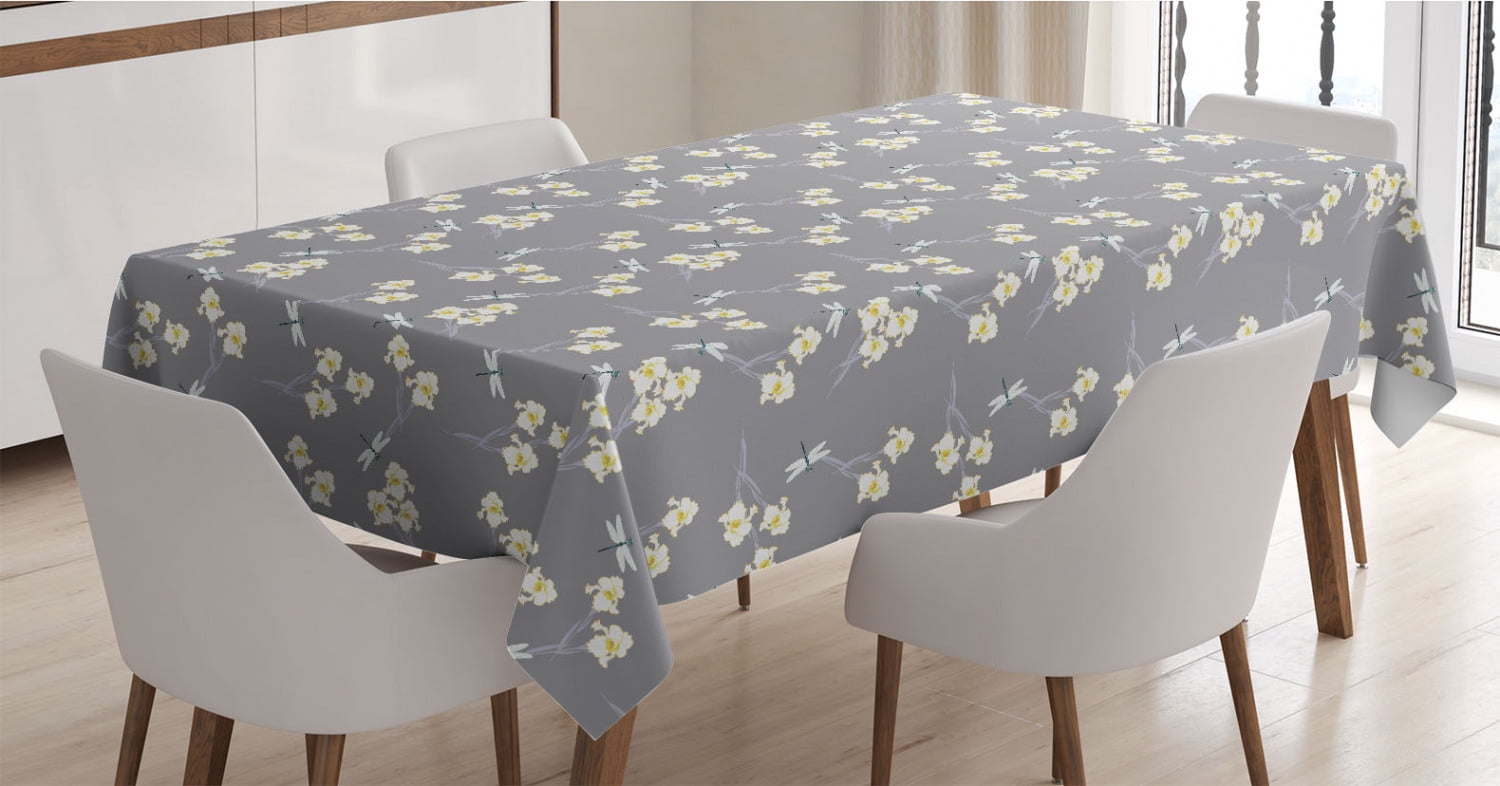 Tablecloth Yellow Insects Flowers Insects Tablecloth, Spring Art Iris Flowers and Dragonflies on ...