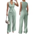 thumbnail image 2 of Women'S 2 Piece Outfits Elegant Blazer Vest Pockets Wide Leg Pant Suit Casual Matching Set Mint Green M, 2 of 6