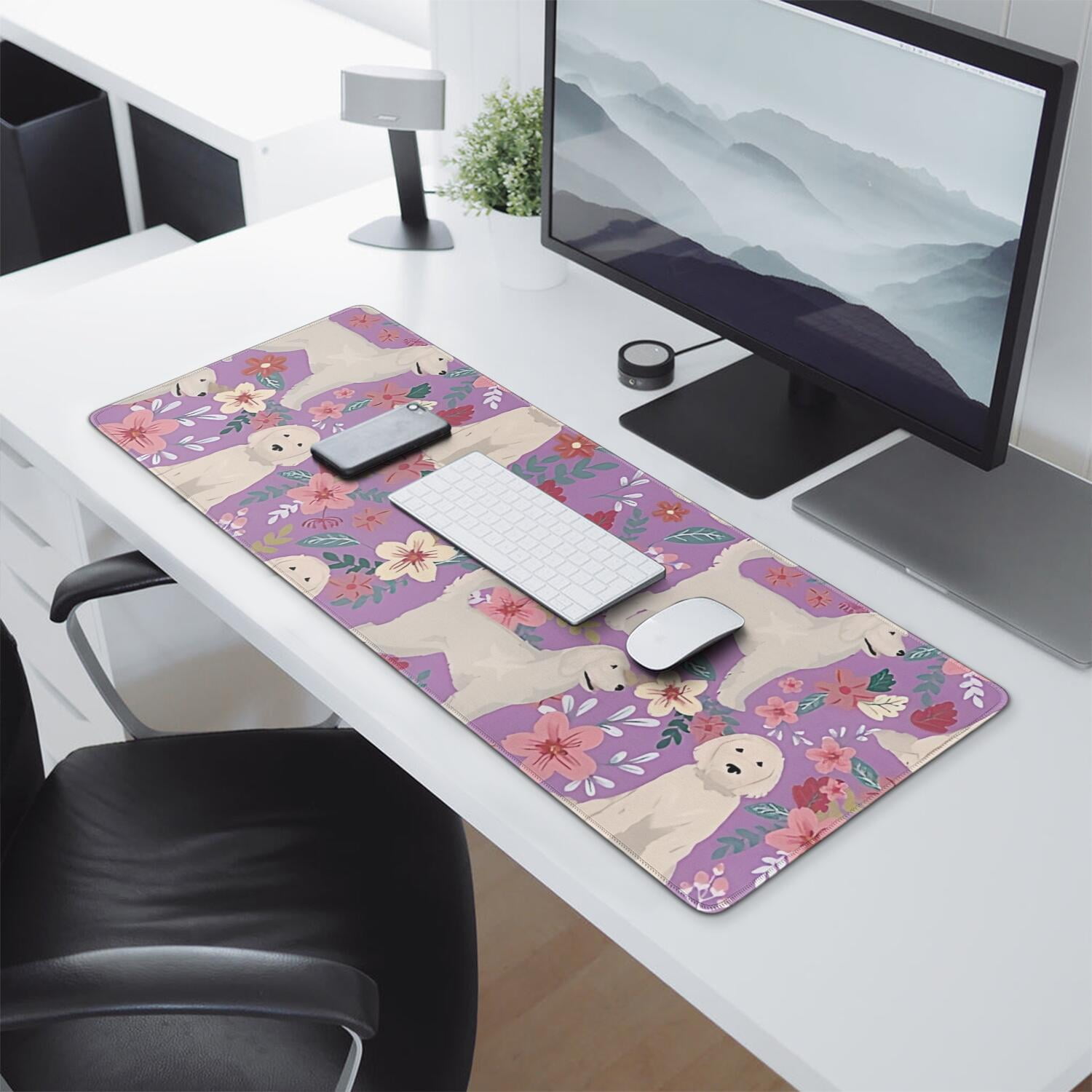 Long Mouse Pads for Desk,Goldendoodle Dog and Flower Floral Desk Mats on Top Of Desks, Desk Mouse Pad Extra Large with 3mm Non-Slip Base and Stitched Edge for Gaming,Office,Work,Home 31.5"x11.8"