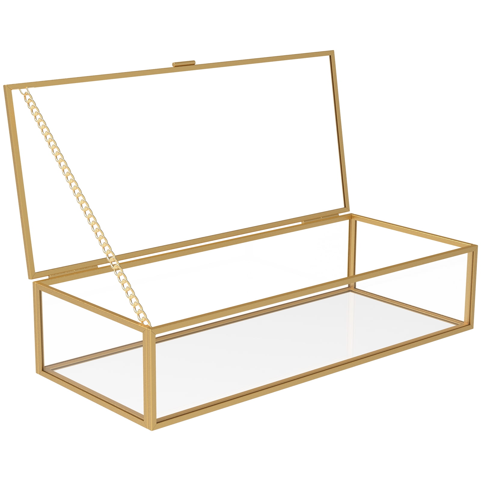 Glass Jewelry Box Decorative Vintage Jewelry Organizer Box with Hinged Lid and Mirrored Bottom Golden Rectangular Desktop Jewelry Organizer Holder