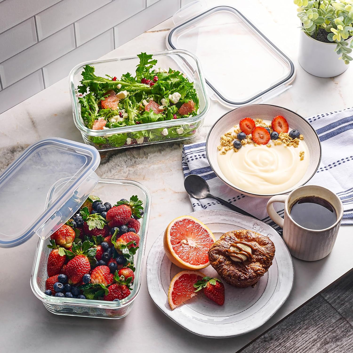 4pc Set 8-Cup 64oz Clear Glass Food Storage Containers with Airtight Lids, Freezer Safe, Microwave & Oven Safe, Stackable Meal Prep Containers for Pantry Organizer