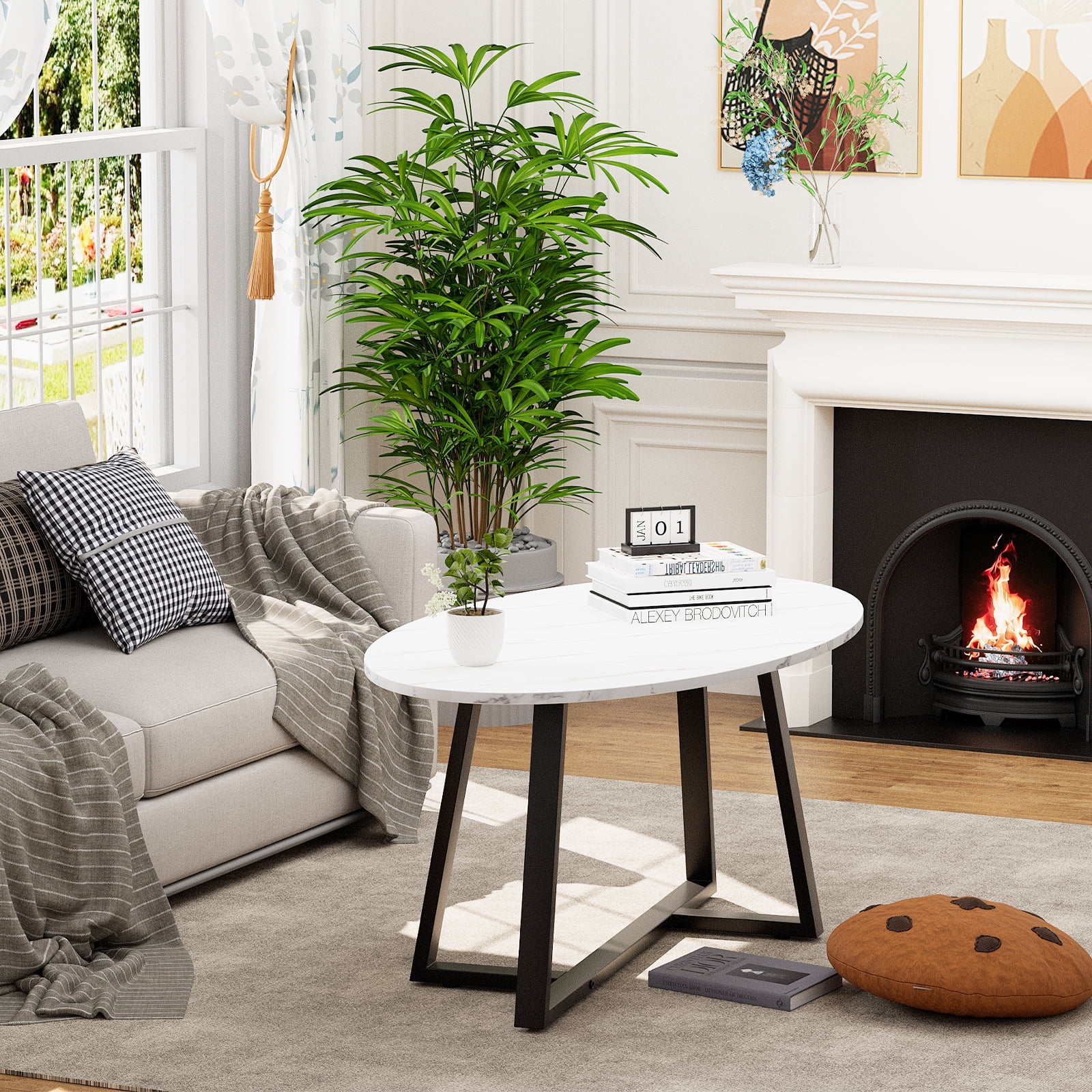 Wolawu Black Faux Marble Rectangular Tea Table, High-Density MDF Top, Solid Metal Sled Frame, Modern Industrial Design