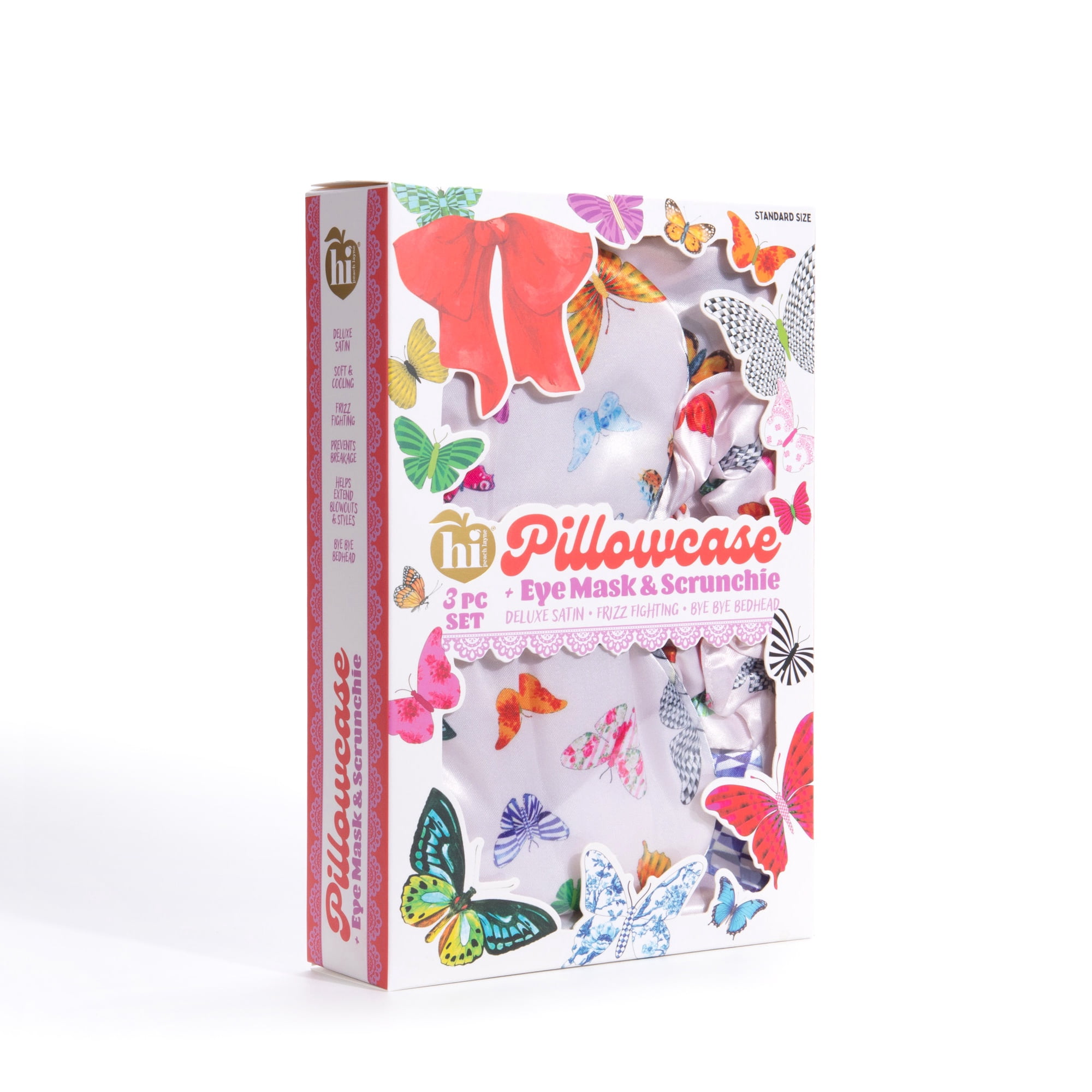 Hi Peach Layne Pillowcase, Eye Mask, and Scrunchie Set, Multicolor Butterfly, 3 Pieces