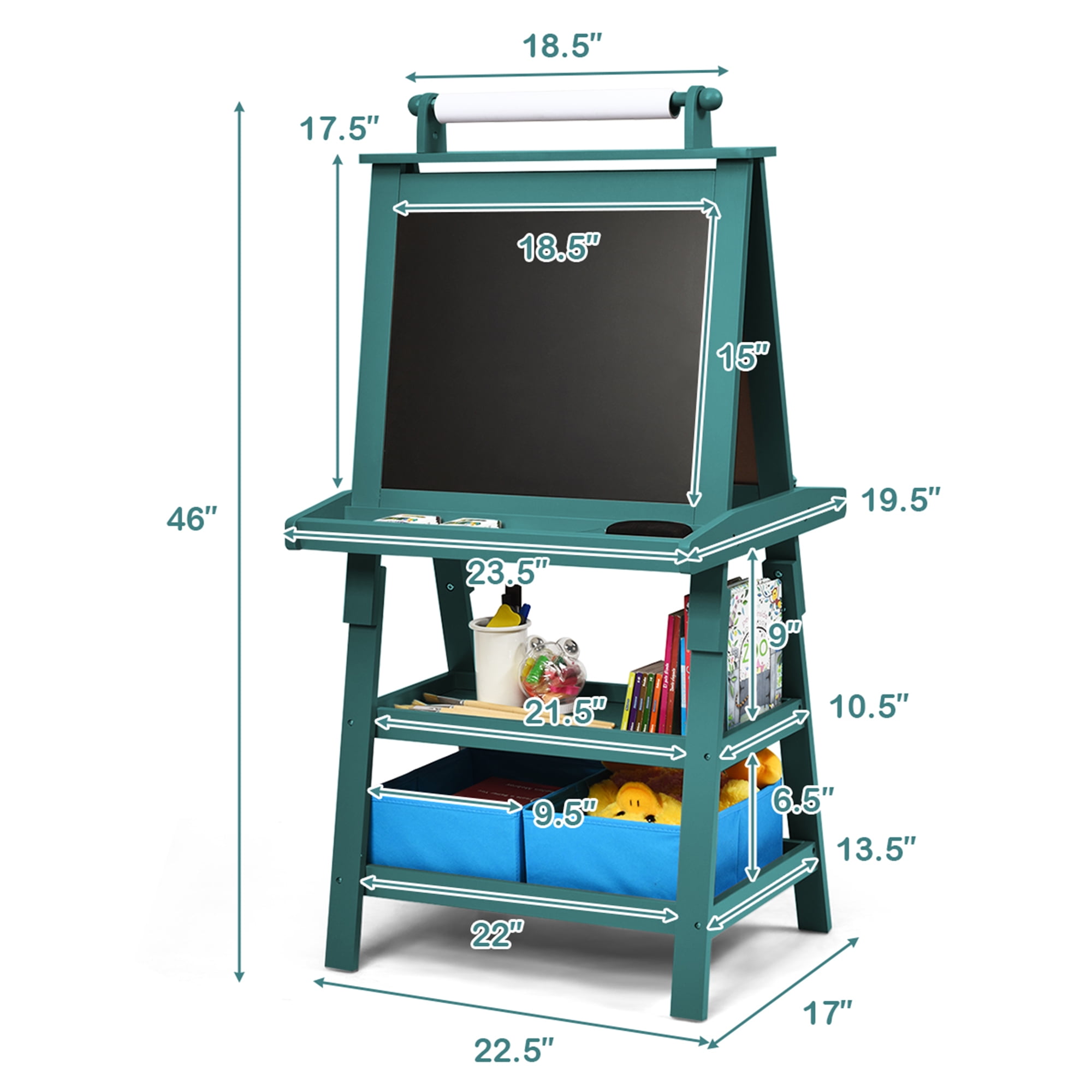 Gymax 3 in 1 Double-Sided Storage Art Easel w/Paint Cups for Kid Writing Teal Frosting