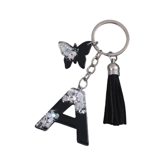 Gierzijia Grey Sequins Black Butterfly A-Z Alphabet Resin Keychain for Women,Initial Letter Key Ring Accessories Bag Charms