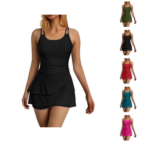 One Piece Swimdress Swimsuits for Women Scoop Neck High Waisted Tummy Control Modest Swim Dresses Skirt Bathing Suit