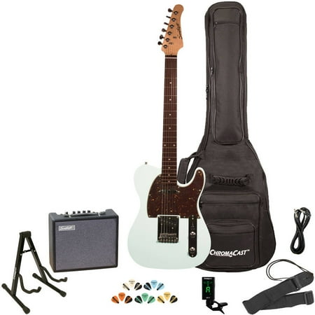 Music Man Guitar Amps - Sawtooth ET Series Electric Guitar Kit with Sawtooth 10 Watt Amp and ChromaCast Accessories, Black with Aged White Pickguard