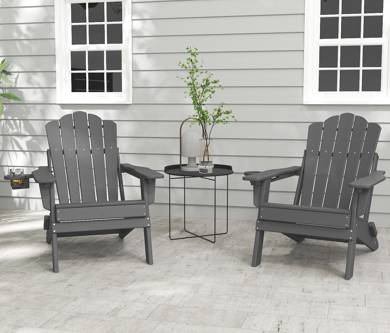 FOOWIN Adjustable Backrest Folding Adirondack Chair Set of 2, HDPE Weather Resistant Adirondack Chair with Cup Holder, Fire Pit Chair, Grey