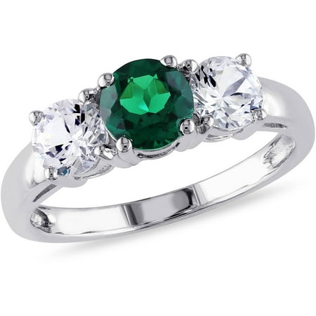 2-1/10 Carat T.G.W. Created Emerald and Created White Sapphire 10kt White Gold Three-Stone Ring
