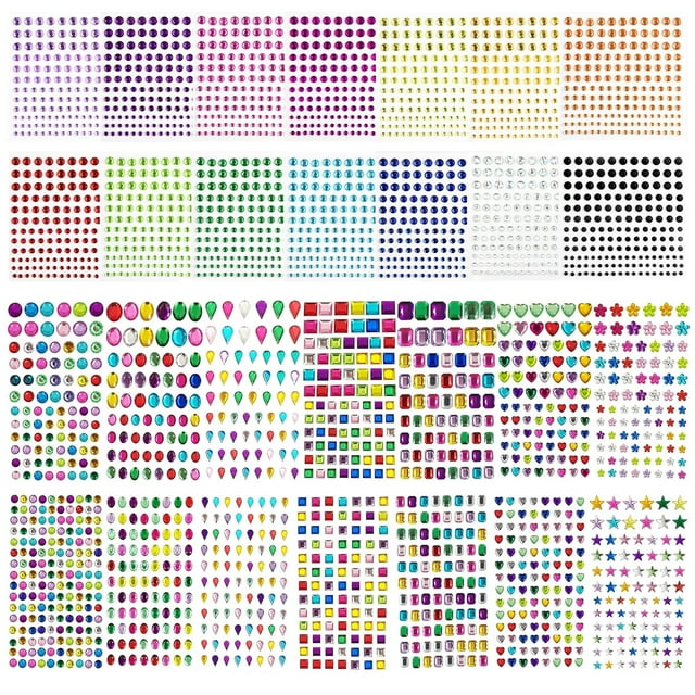 28 Sheets Various Shapes Self-Adhesive Gem Stickers, 3510pcs Multicolor Face Gems Stick on, DIY Face Jewels Rhinestone Stickers for Crafts