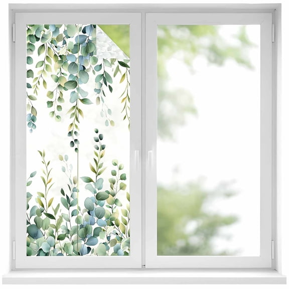 Eucalyptus Green Window Privacy Film, Gradient Leaves Retro Watercolor Plant Static Cling UV Sun Blocking Heat Control Window Tint, Non-Adhesive One Way Windows Privacy Cover 17.7''x39.3''