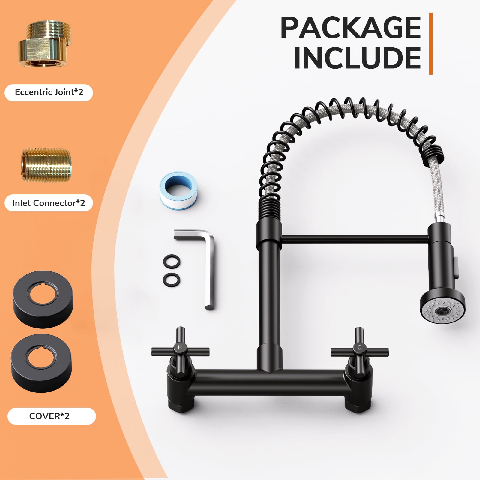 KINGTACK Wall Mount Kitchen Faucet,8 inch Commercial Sink Faucet with Sprayer, Dual Handles Utility Sink Faucet for Kitchen Laundry Restaurant, Matte Black