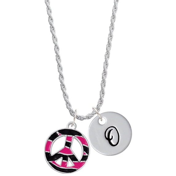 Delight Jewelry Silvertone Large Hot Pink Tiger Print Peace Sign Silvertone Script Initial Disc - O - Charm Necklace, 20"+3"