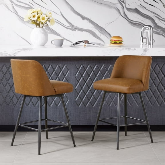 360°Swivel Bar Stools Set of 2, Faux Leather Counter Height Modern Barstools with High Backs - 26" H Kitchen Stools, For Bar & Home,Contemporary Style, Brown