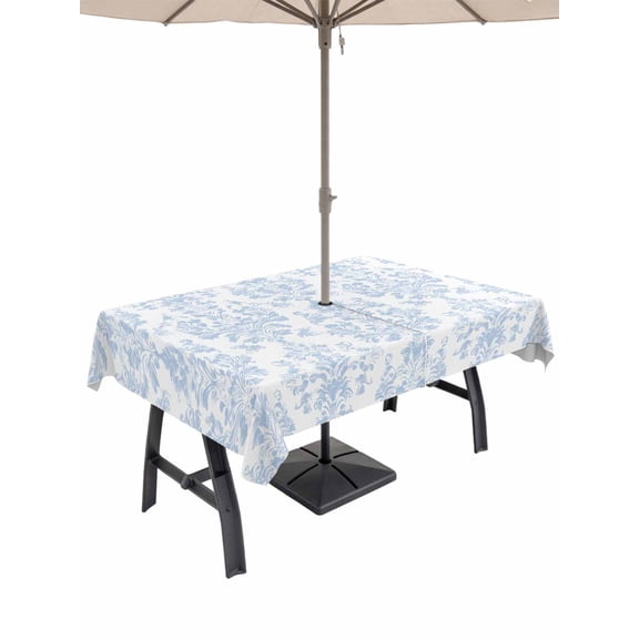 54x80 Inch Outdoor Tablecloth with Umbrella Hole Zipper Rectangle Blue Boho Floral Rectangular Tablecloths Outside Waterproof Farmhouse Middle Century Flowers Patio Table Cloth Cover for Picnic Party