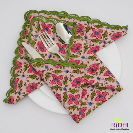 

Salmon and Punch Pink Forest Green Indian Floral Hand Block Printed Pure Cotton Cloth Napkins 9x9 -Cocktail Napkins 20x20 -Dinner Napkins