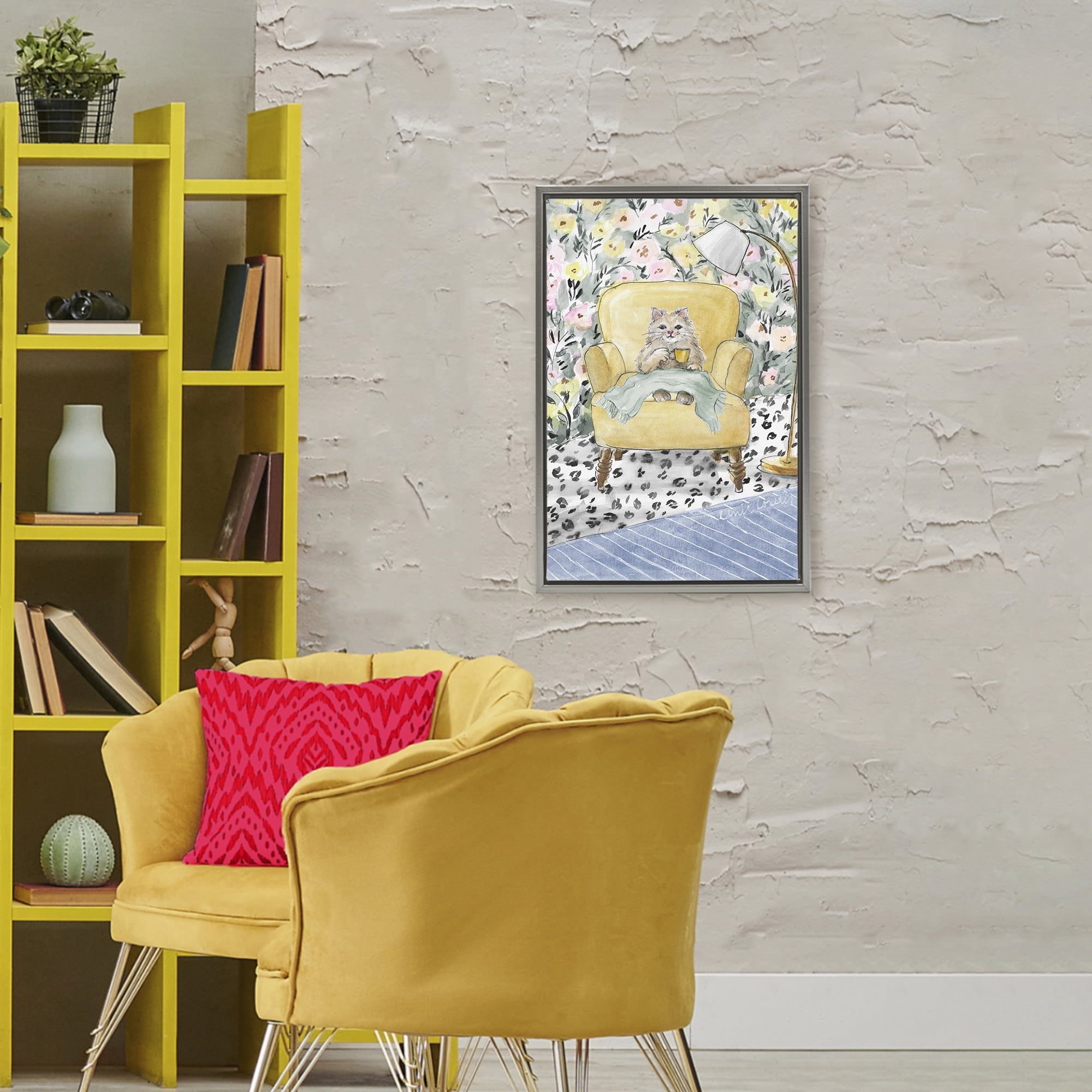 Stupell Industries Cozy Cat Corner Gray Framed Floater Canvas Wall Art, design by Lanie Loreth