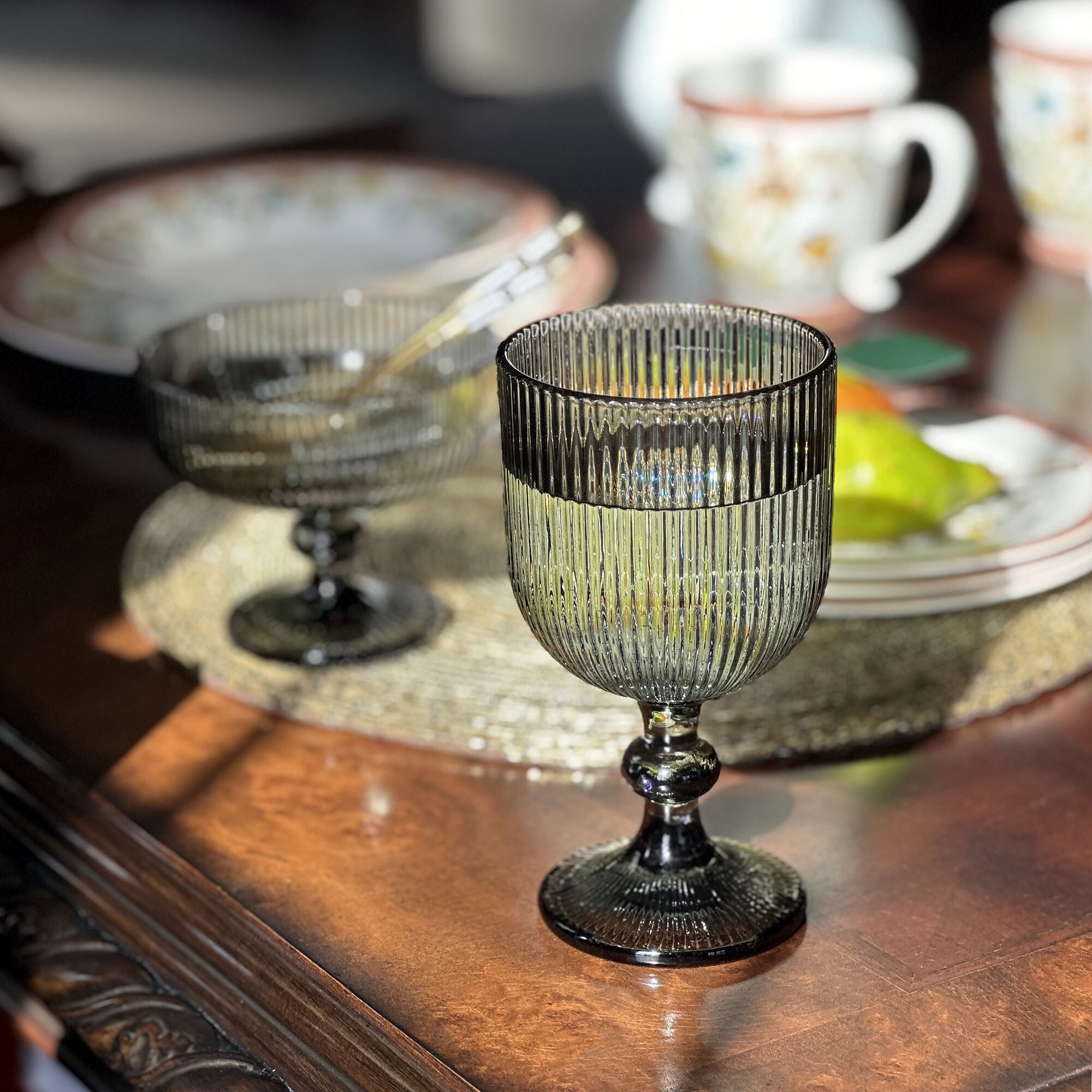 STP GOODS Wine Glass Set of 6 pcs 12.5 fl oz (370 ml) Ribbed Glass Goblets Drinking Glasses with Stem Water Goblet for Weddings and Parties Vintage Glassware, Gray