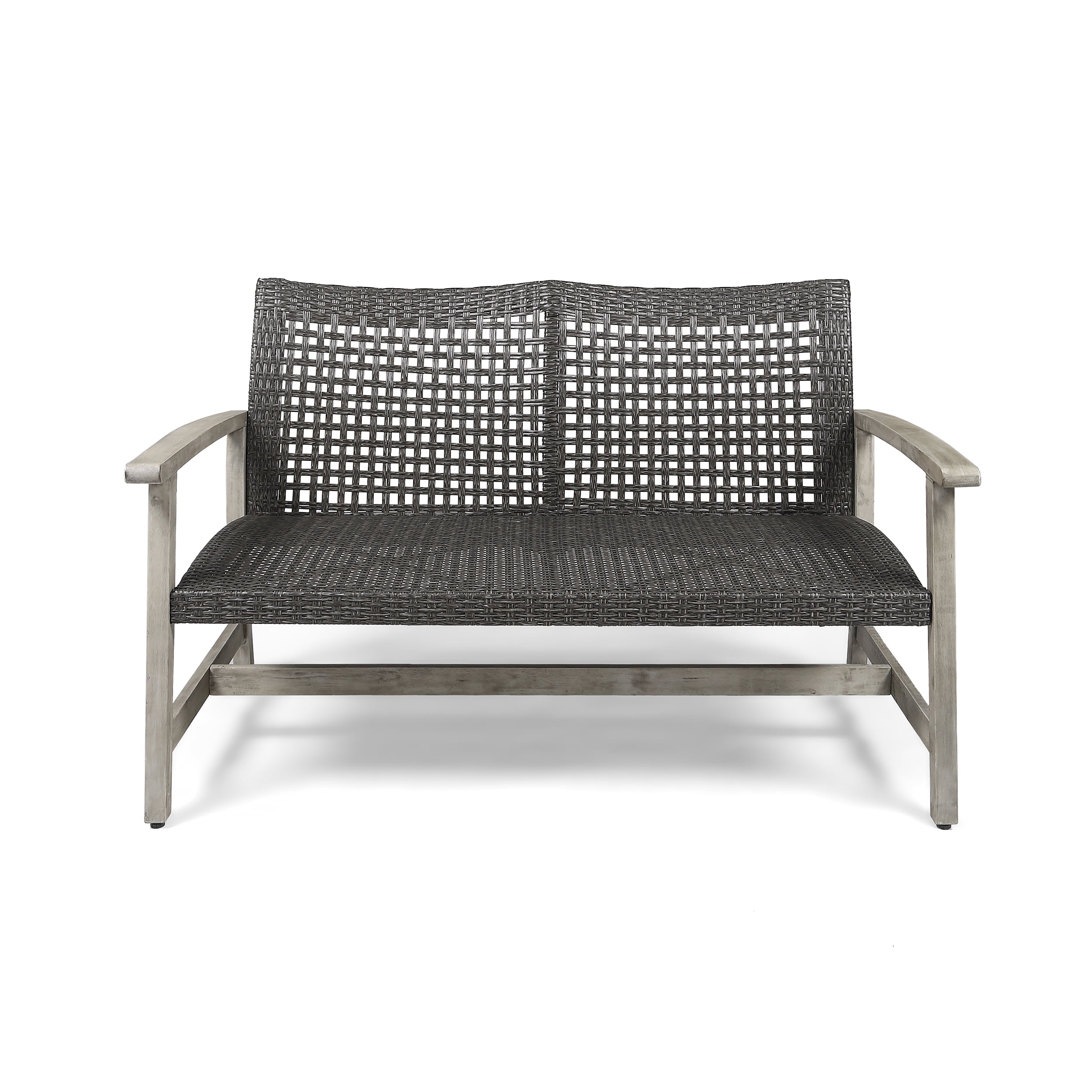 Outdoor Wicker Loveseat 52 Inch, Acacia Wood Patio Sofa with Iron Frame, Woven Seat Conversation Set for Backyard and Garden, Grey