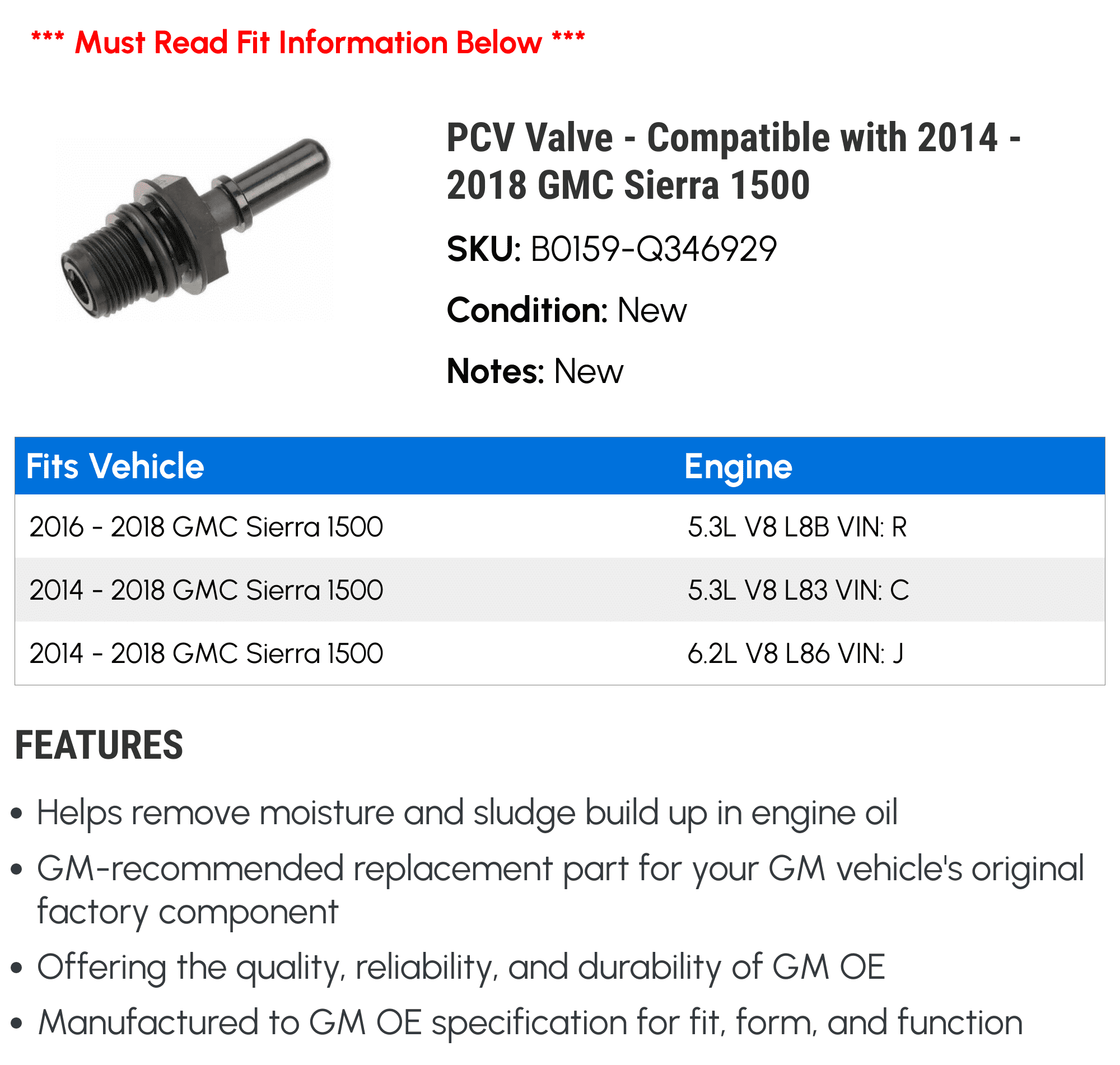 PCV Valve - Compatible with 2014 - 2018 GMC Sierra 1500 - AC Delco