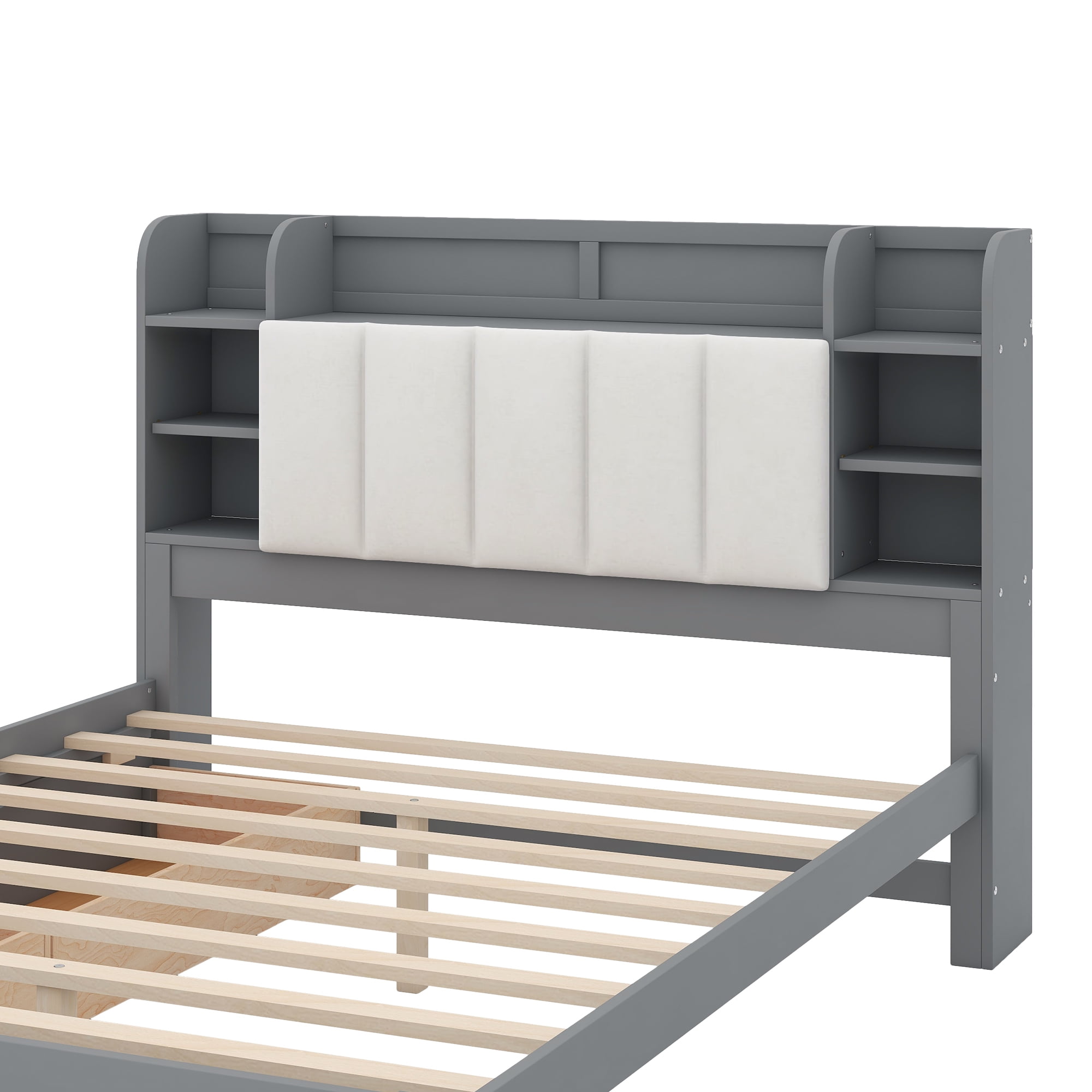Euroco Wood Queen Size Platform Bed with Storage Headboard and 2 Drawers for Kids and Adults Bedroom, Gray