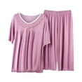 thumbnail image 1 of KIHOUT Conjunto de pijama de dos piezas de verano para mujer, liso, en liquidación, talla grande, con cuello redondo, manga corta y pantalones capri con cintura elástica, conjunto de pijama holgado y, 1 of 2