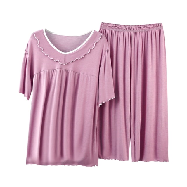 KIHOUT Conjunto de pijama de dos piezas de verano para mujer, liso, en liquidación, talla grande, con cuello redondo, manga corta y pantalones capri con cintura elástica, conjunto de pijama holgado y