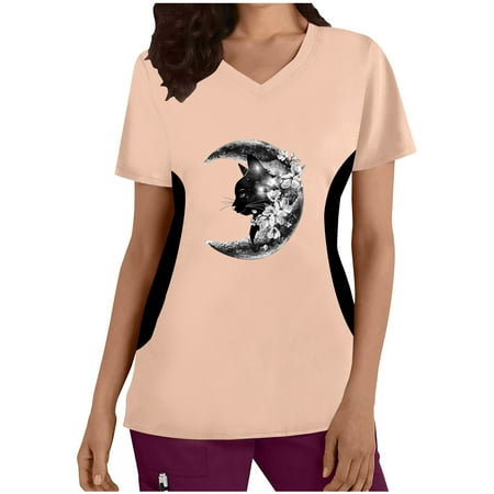 

Uniform Scrubs Tops Women Healthcare Tunic Uniform Tunic Tops Short Sleeve V-Neck Tops Easter Blouse Medic Cute Print Patchwork Hospital Doctor Workwear Holiday T-Shirt with Pockets